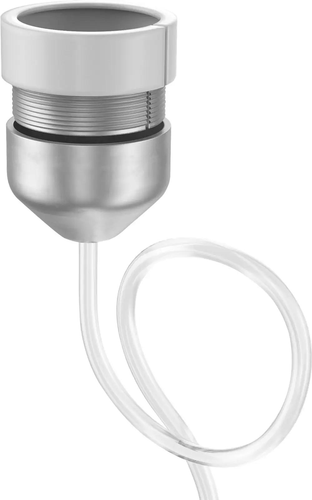 Stainless steel Abgaszubehör mit flexibler Leitung und einem Kunststoffteil für die Verbindung. Produkt von Bosch zur Montagehilfe.